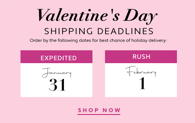 Valentine's Day SHIPPING DEADLINES Order by the following dates for best chance of holiday delivery: For Ty 31 1 SHOP NOW 