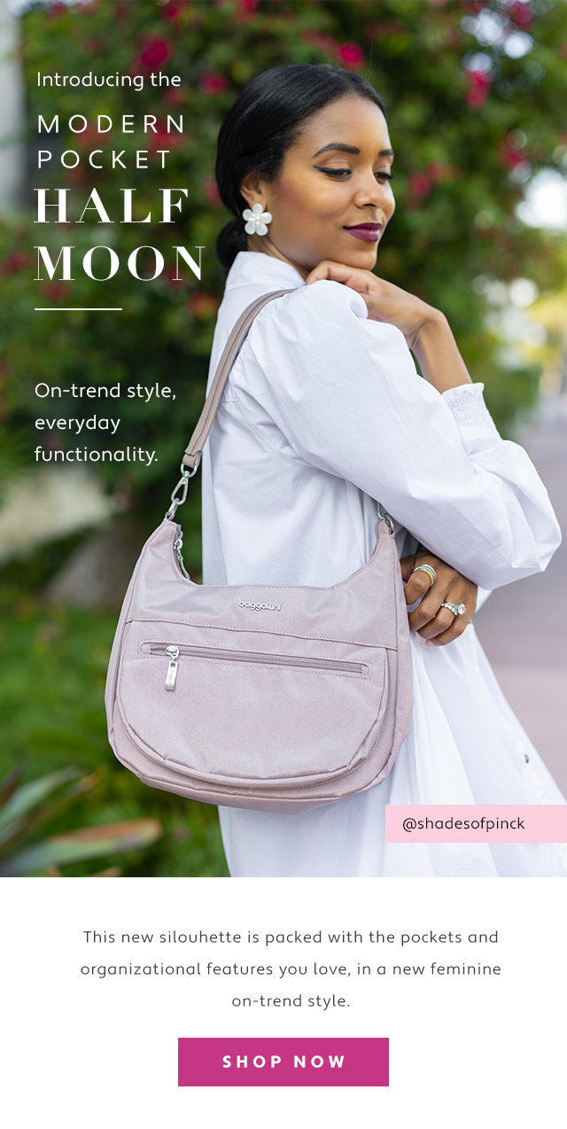 Introducing the MODERN POCKET HALF MOON On-trend style, everyday @shadesofpinck This new silouhette is packed with the pockets and organizational features you love, in a new feminine on-trend style 