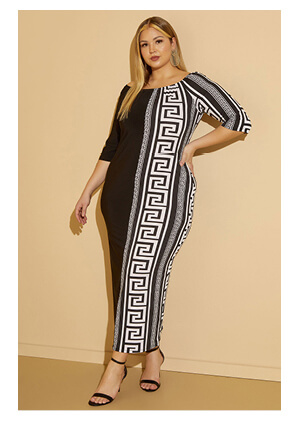 Black White Greek Key Maxi Bodycon Dress