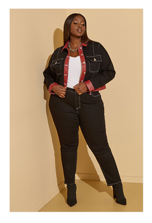 Black Red Faux Leather Trimmed Denim Jacket