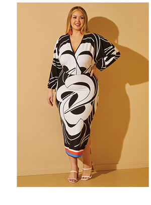 Black White Swirl Faux Wrap Midaxi Dress