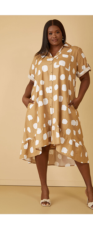 Dot Print Linen Blend Hi Low Dress