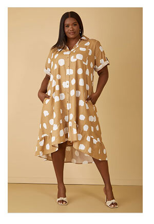 Dot Print Linen Blend Hi Low Dress