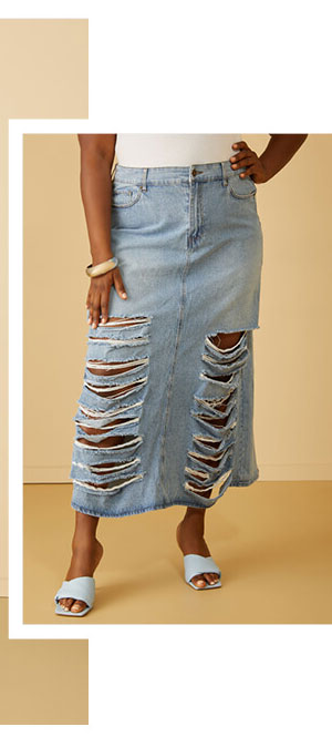 Distressed Cutout Denim Maxi Skirt