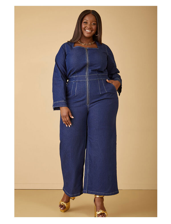 Square Neck Wide Leg Denim Jumpsuit