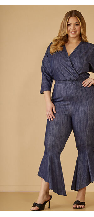 Textured Denim Kick Flare Jumpsuit