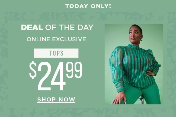 Today only. Deal of the day. Online exclusive. $24.99 tops. Shop now