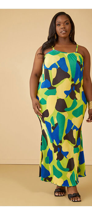 Printed Plisse Satin Slip Dress
