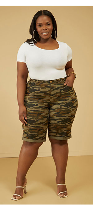 Cuffed Camo Denim Bermuda Shorts