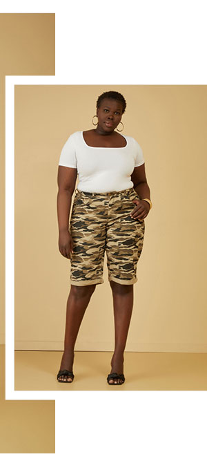 Camo Cuffed Denim Bermuda Shorts