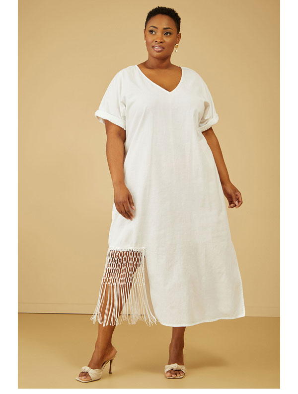 Fringed Linen Blend Maxi Dress