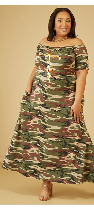 Faith Off The Shoulder Camo Dress