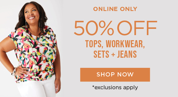 Online only. 60% off Dresses, Tops, Bottoms & Accessories. Shop Now