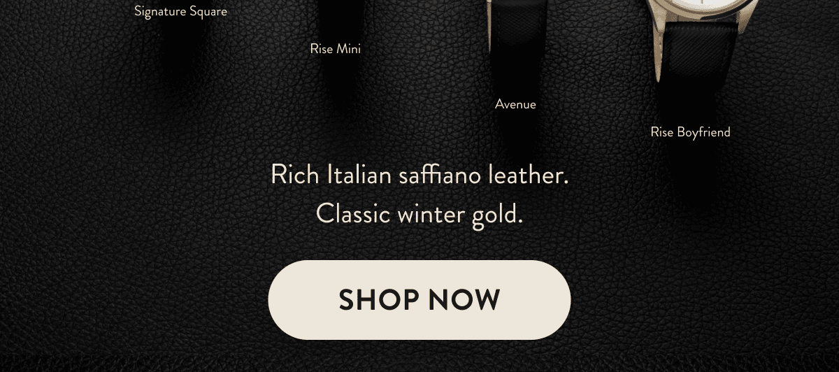 Rich Italian saffiano leather. Classic winter gold.