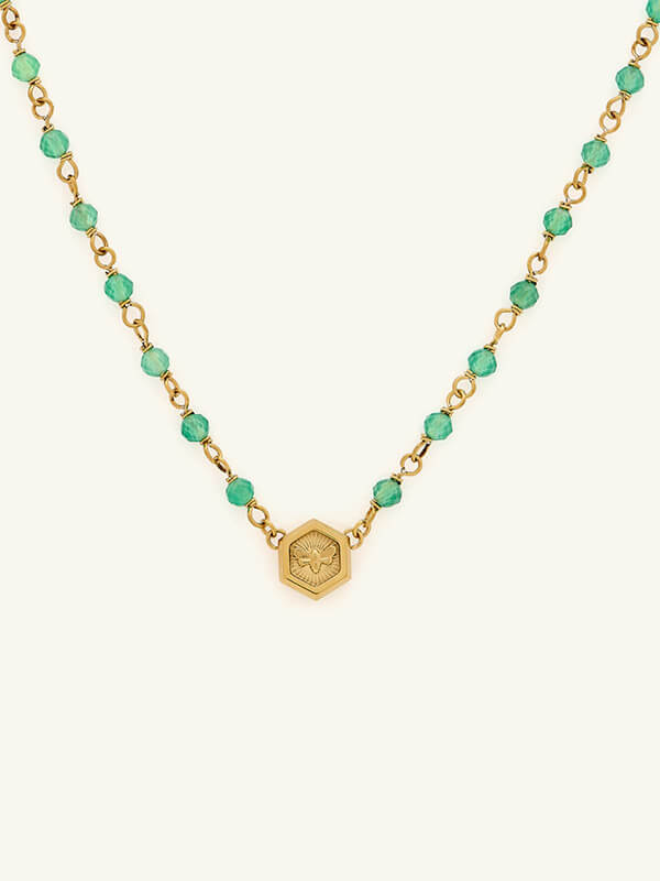 Minima Bee Green & Gold Plated Beaded Charm Necklace