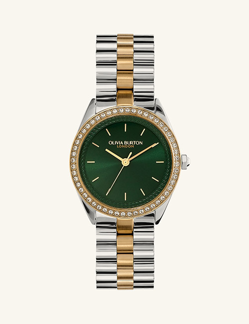 34mm Bejewelled Forest Green & Two Tone Bracelet Watch