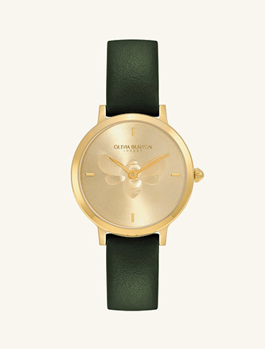 Bee Ultra Slim Gold & Green Leather Strap Watch