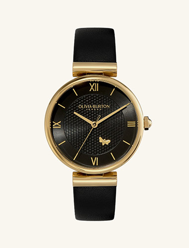 Minima Bee T-Bar Gold & Black Leather Strap Watch