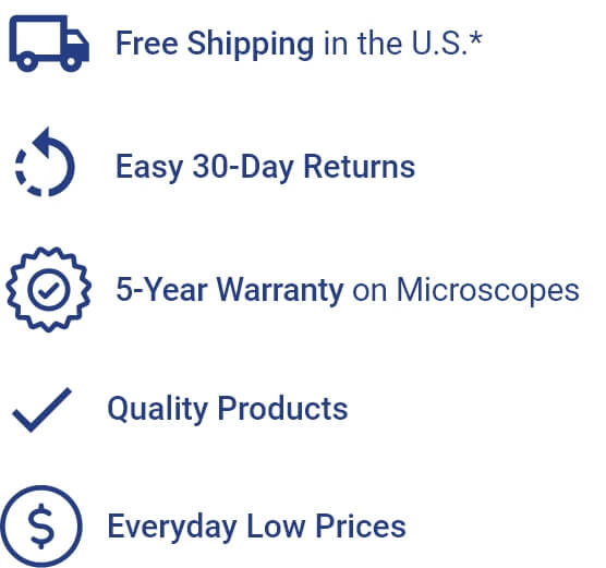 Free Shipping in the U.S.*, Easy 30-Day Returns, 5-Year Warranty on Microscopes, Quality Products