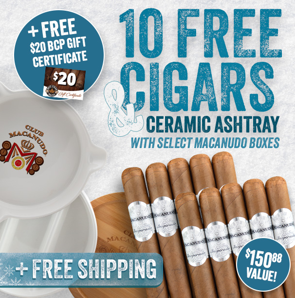 10 Free Cigars, Ceramic Ashtray, $20 Gift Certificate, + Free Shipping with Macanudo Boxes!