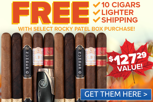 Free 10-Pack, Icon Dual Torch Lighter, & Free Shipping with Select Rocky Patel Boxes  10 CIGARS LIGHTER SHIPPING WITH SELECT ROCKY PATEL BOX PURCHASE! 