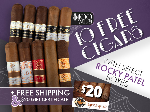 10 Free Cigars, $20 Gift Certificate, & Free Shipping with Rocky Patel Boxes!