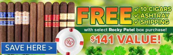 10 Free Cigars, Free Ashtray, and Free Shipping with Select Rocky Patel Boxes!