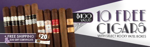 10 Free Cigars, $20 Gift Certificate, and Free Shipping with Rocky Patel