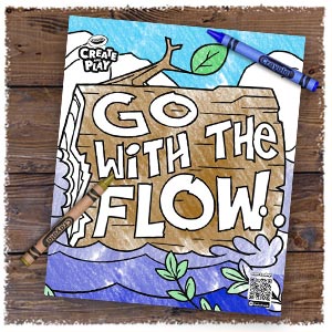 Partially colored in Go with the Flow coloring page, with blue and brown crayons