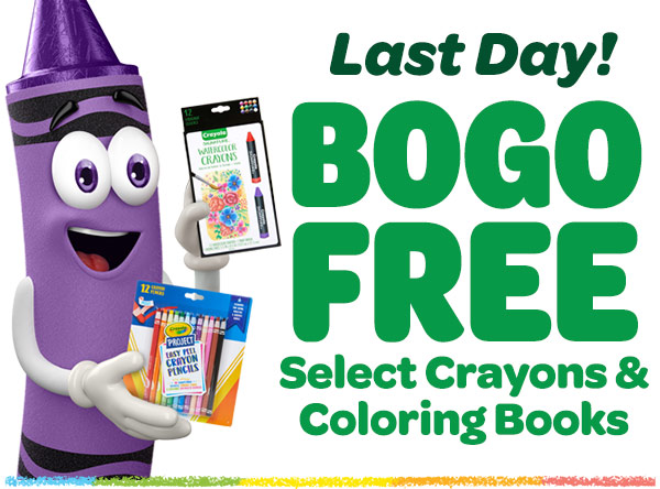 Buy one get one free on select crayons and coloring books, with purple crayon figure holding Crayola crayons and pencils