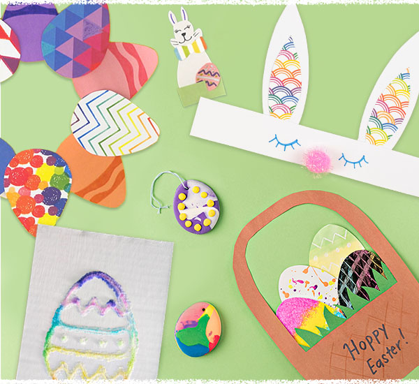 Collage of easter themed paper crafts of bunny ears, easter baskets, easter eggs, and more on a light green background