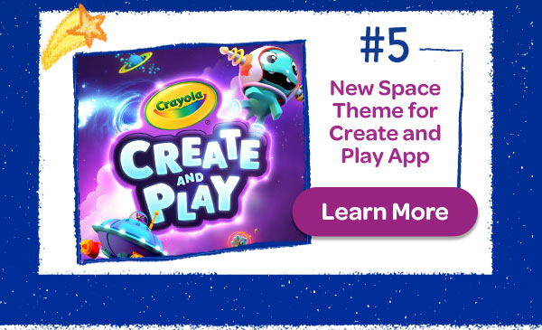 Crayola Create and play, with cartoon aliens and spaceships on a cosmic purple and blue background