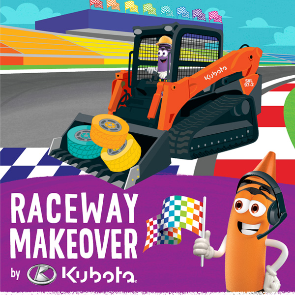 Purple crayon character driving a tractor at a raceway with an orange crayon character wearing a headset and holding a rainbow checker flag  o LI DTG R LIS ol 