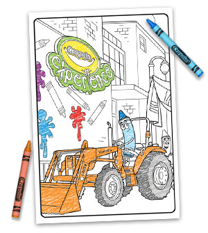 Partially colored in coloring page of a blue crayon driving a tractor near a Crayola Experience sign