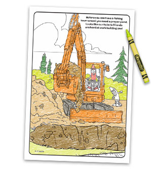 Partially colored-in red crayon character on excavator digging a big hole
