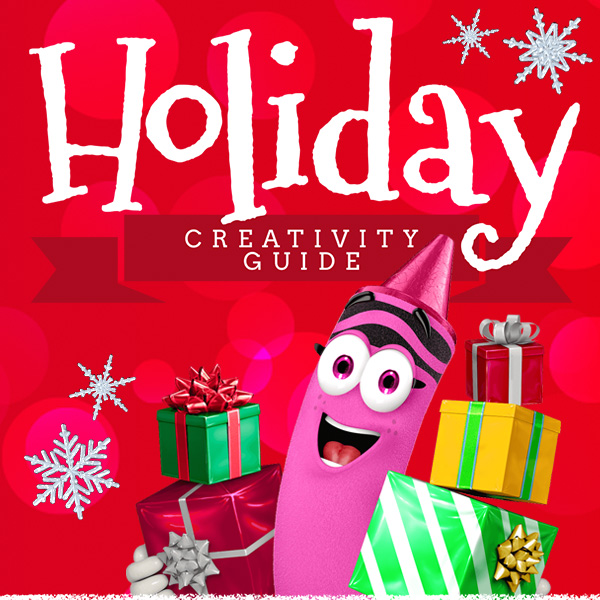Holiday Creativity Guide, with smiling fuchsia crayon holding presents
