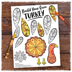 Build your own turkey coloring page withorange and yellow crayons