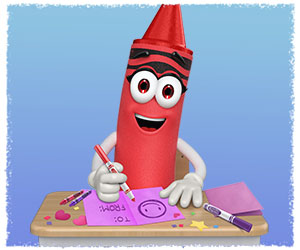 Red Crayon Character sitting at desk making a card with crayons, markers, and construction paper