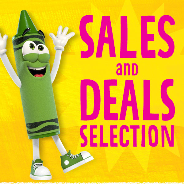 Sales & Deals Selection with green crayon character making an excited face