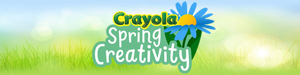 Crayola Spring Creativity, with a blue and yellow flower on a blurry, grassy background