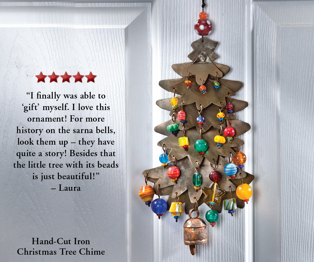 1 8.0 8.6 I finally was able to gift myself. I love this ornament! For more history on the sarna bells, look them up they have quite a story! Besides that the little tree with its beads s Just beautiful! - Laura Hand-Cut Iron Christmas Tree Chime 