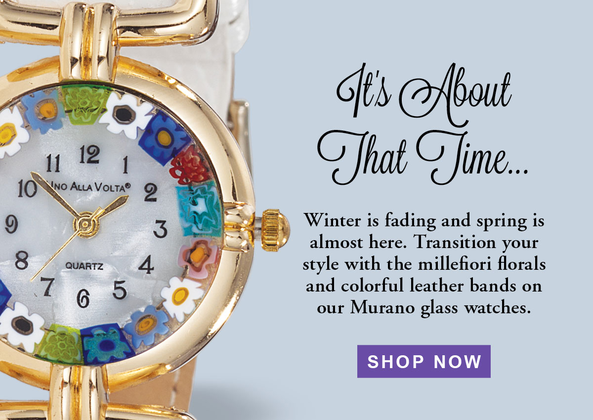 Winter is fading and spring is almost here. Transition your style with the millefiori florals and colorful leather bands on our Murano glass watches. 