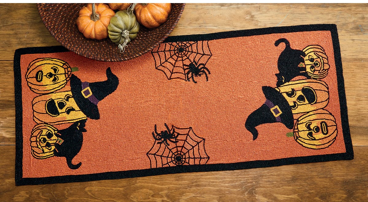 Hand-Beaded Halloween Pumpkins Table Runner