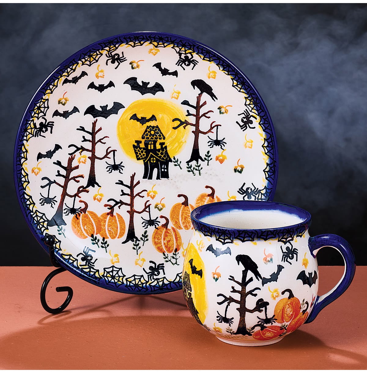 Polish Pottery Going Batty Mug & Plate Set