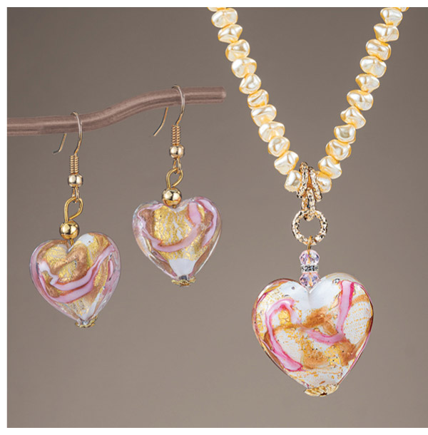 Golden Love Murano Glass Heart Necklace & Earrings Set