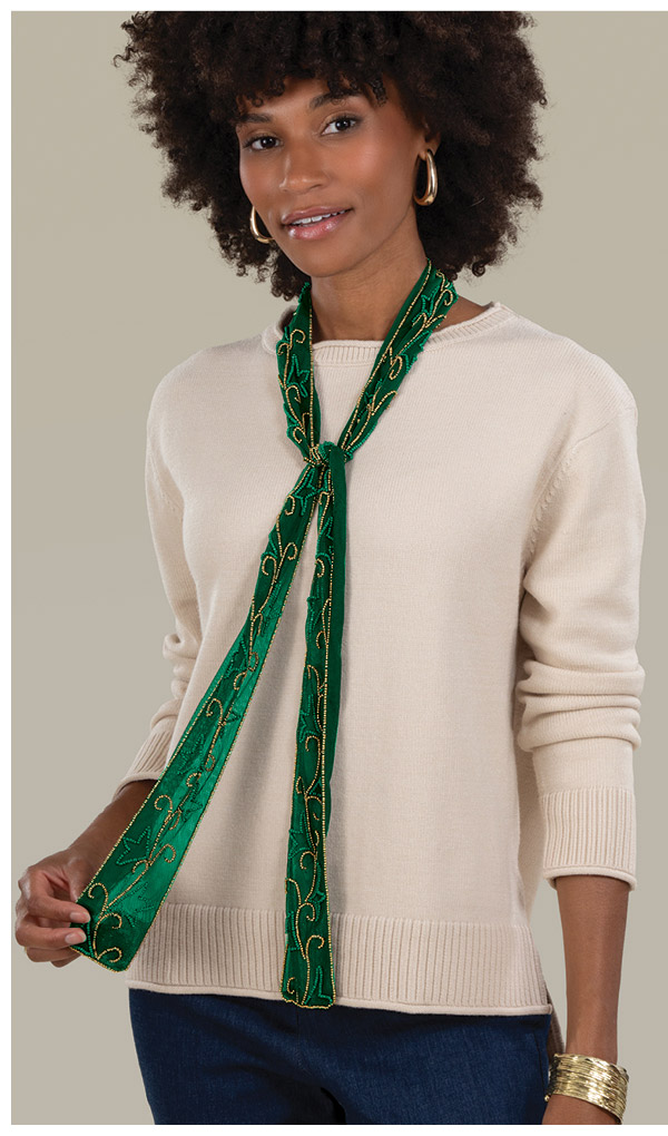 Hand-Beaded Sheer Emerald Skinny Scarf