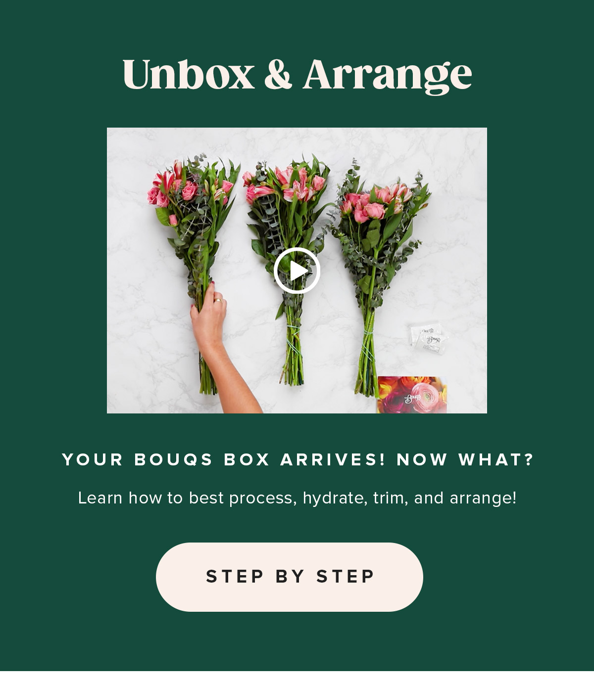 Unbox & Arrange. Your Bouqs Box arrives! Now what? Learn how to best process, hydrate, trim, and arrange!