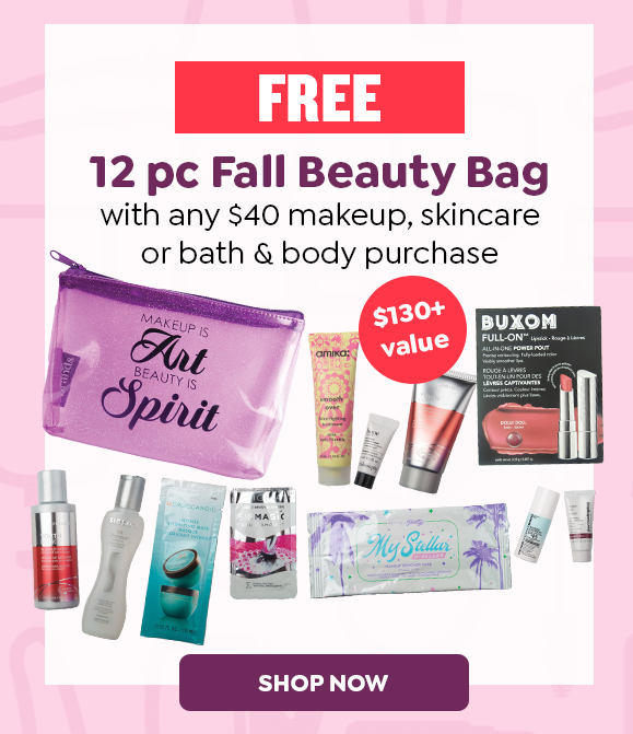 FREE 12 PC FALL BEAUTY BAG WITH ANY $40 MAKEUP, SKINCARE OR BATH & BODY PURCHASE