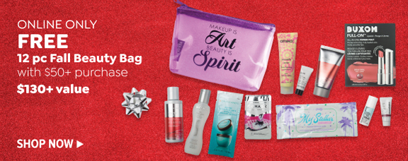 FREE 12 PC BEAUTY BAG WITH ANY $50 PURCHASE