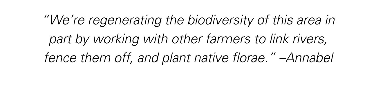 “We’re regenerating the biodiversity of this area in part by working with other farmers to link rivers, fence them off, and plant native florae.” ~ Annabel